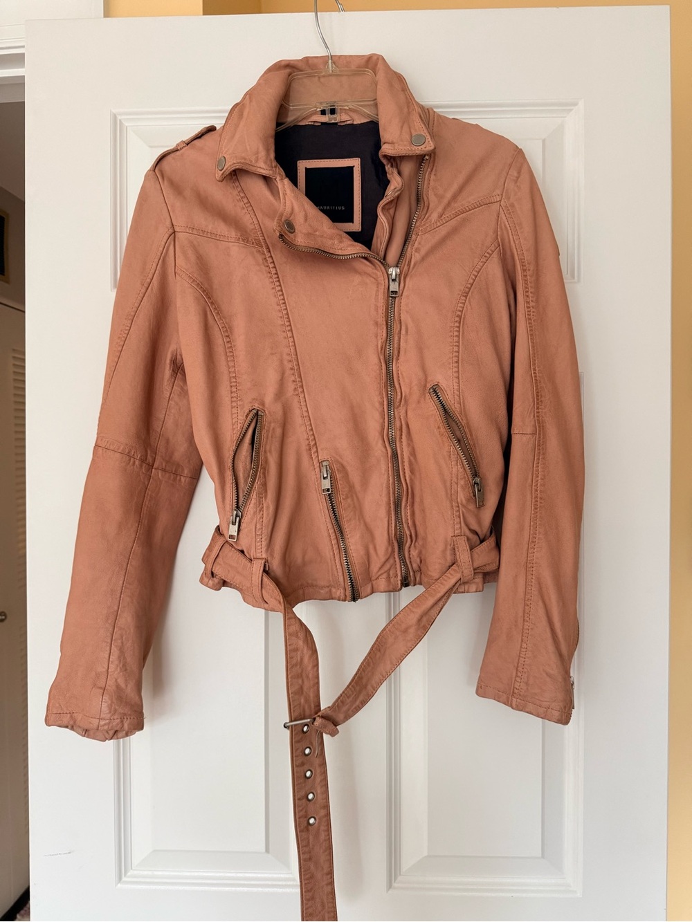 Women’s Salmon Pink Leather Belted Moto Bomber Jacket